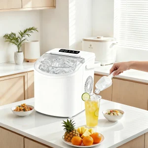 Portable ice maker that produces 9 ice cubes in 6 minutes.